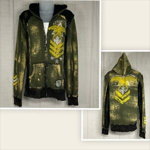 Affliction Womens Y2k Zip Up Sweatshirt Size‎ M Hood Grunge Military Moto Rave